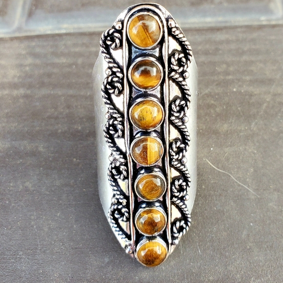 New 7 Stone Tiger Eye Adjustable Silver Statement Ring. - Picture 3 of 15